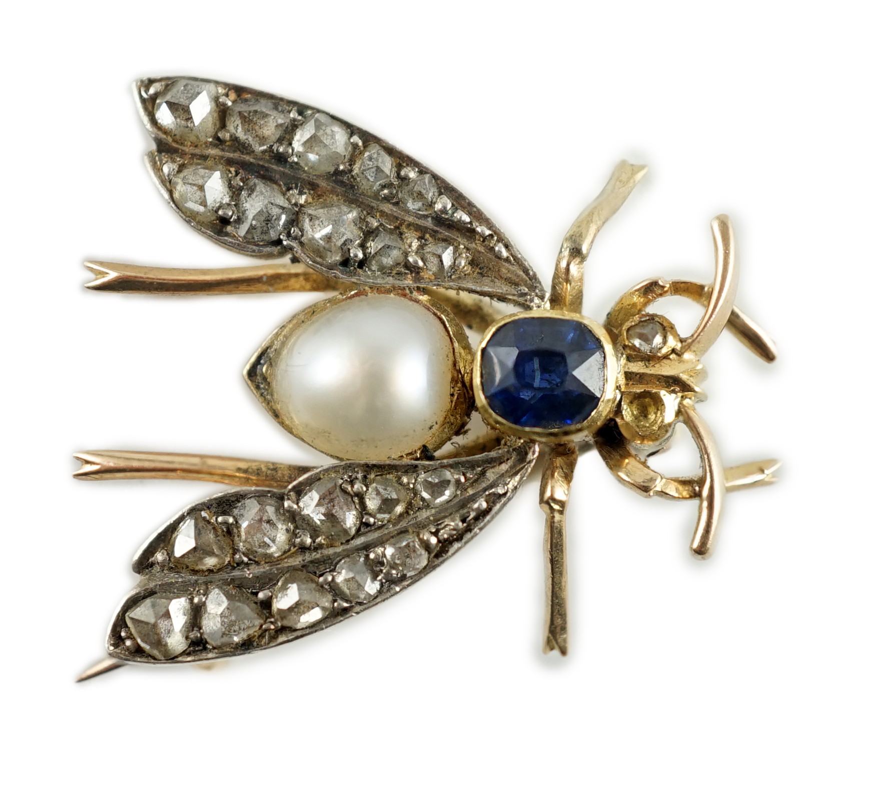 A late Victorian gold, sapphire, baroque pearl and rose cut diamond set bug brooch